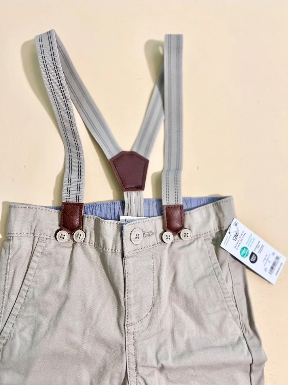 OshKosh B’gosh Toddler Boys Khaki Pants with Suspenders Size 12M Formal wedding